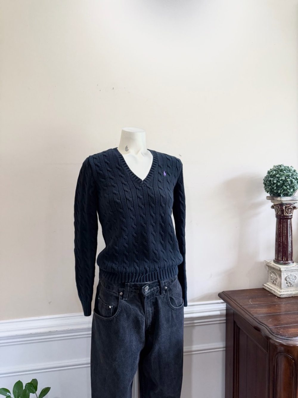 Ralph Lauren Navy Cable V-Neck Sweater